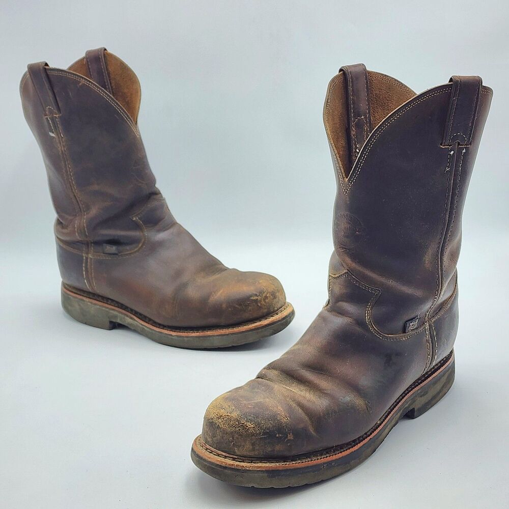 Justin Original Work Boots Leather Western Steel Toe Boots Brown Men's Size 10